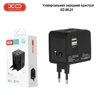 Універсальний зарядний пристрій XO WL01 UK/EU/US, мережний перехідник з двома USB портами Чорний